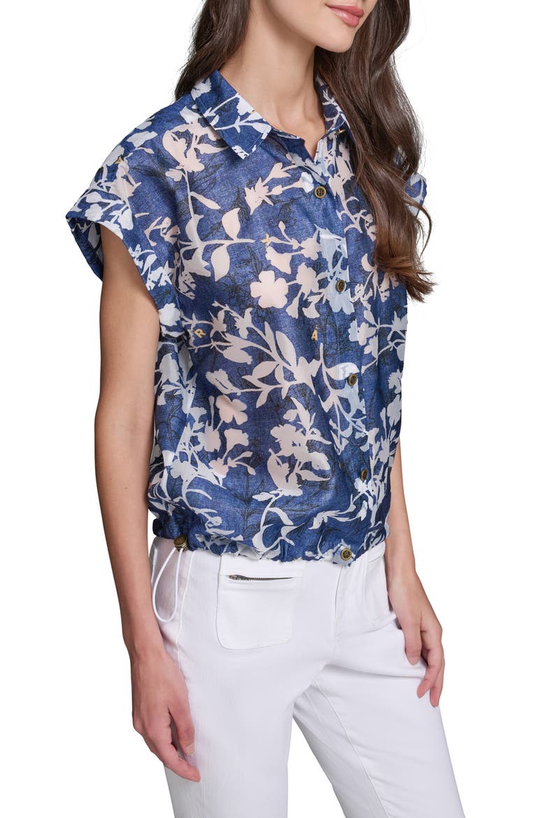 Floral Bungee Waist Button-Up Shirt, Alternate, color, MIDNIGHT NAVY/ SOFT WHITE