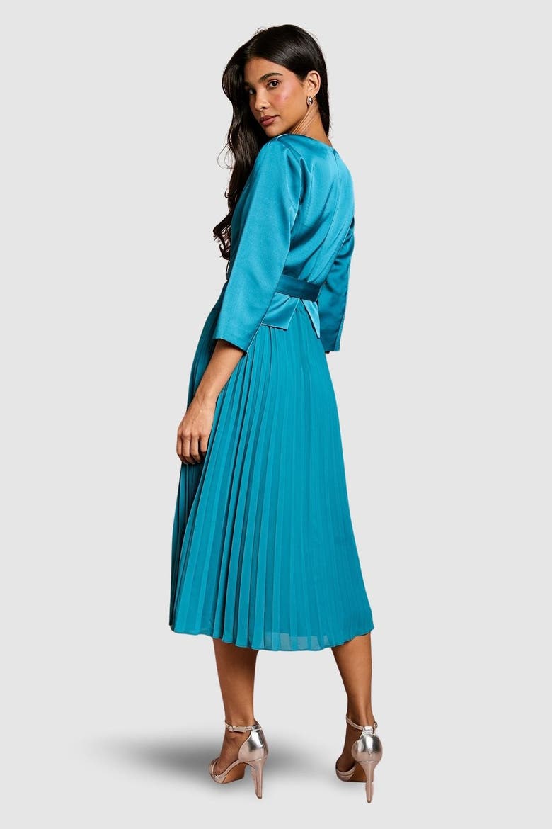 Satin Bodice Pleat Skirt Midi Dress, Alternate, color, Teal