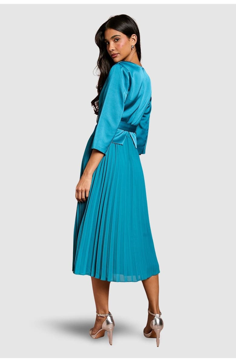 Coast Satin Bodice Pleat Skirt Midi Dress, Alternate, color, Teal