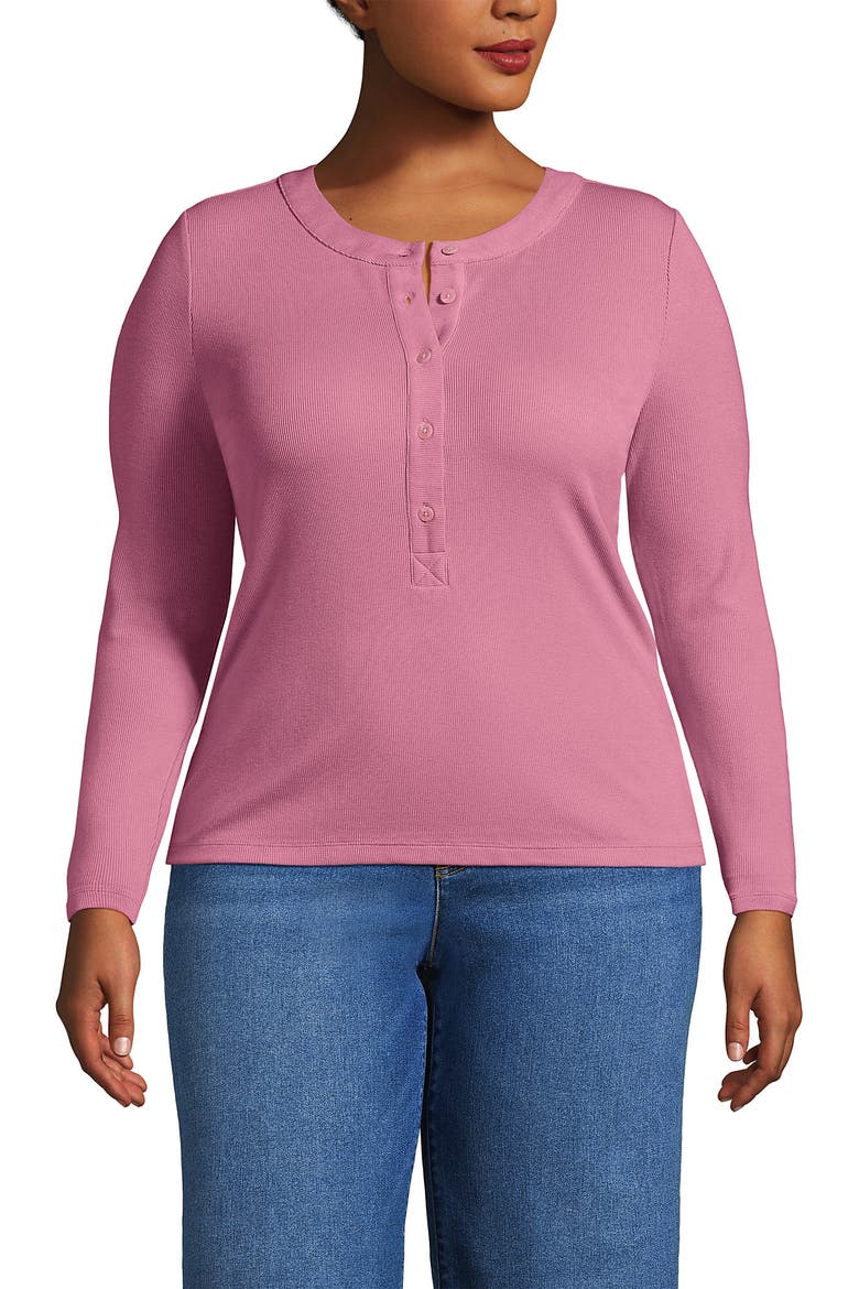 Plus Size Drapey Rib Fitted Long Sleeve Henley T-Shirt, Main, color, Soft English Rose