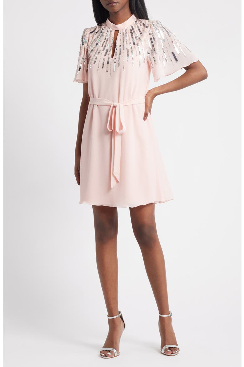 Sequin Embellished Cutout Tie Waist Dress, Main, color, PINK