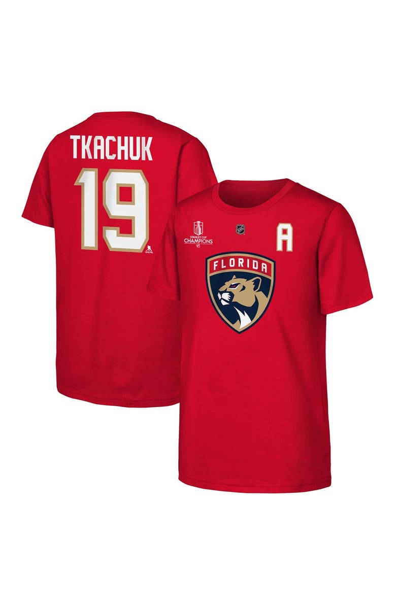 Outerstuff Youth Matthew Tkachuk Red Florida Panthers 2025 Stanley Cup Champions Name & Number T-Shirt, Main, color, 