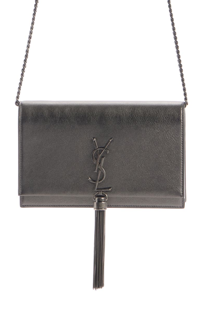 Saint Laurent Cassandre Kate Tassel Metallic Leather Wallet on a Chain, Main, color,