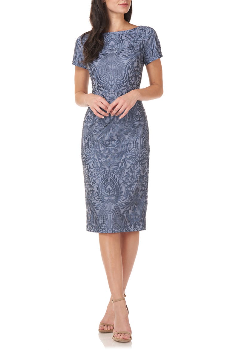 Floral Embroidered Cocktail Dress, Main, color, SLATE BLUE