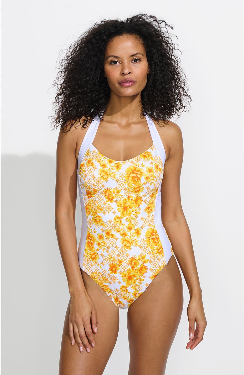 Lands' End Halter Cut Out High Leg One Piece Swimsuit, Main, color, Yellow Mosaic Floral/White