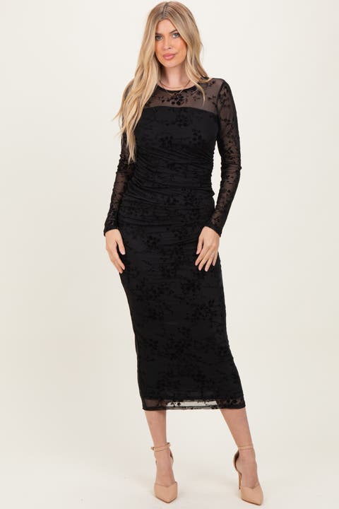 Floral Flocked Mesh Long Sleeve Midi Dress