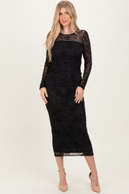PinkBlush Floral Flocked Mesh Long Sleeve Midi Dress