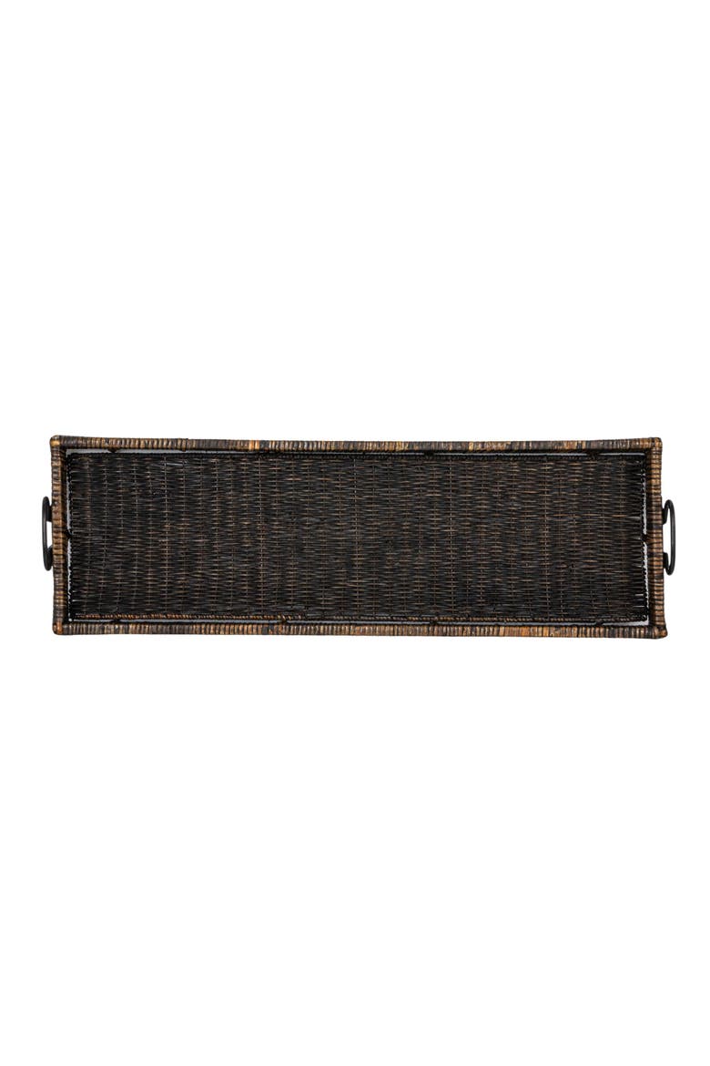 Black Rattan & Wood Tray with Handles, Alternate, color, Black