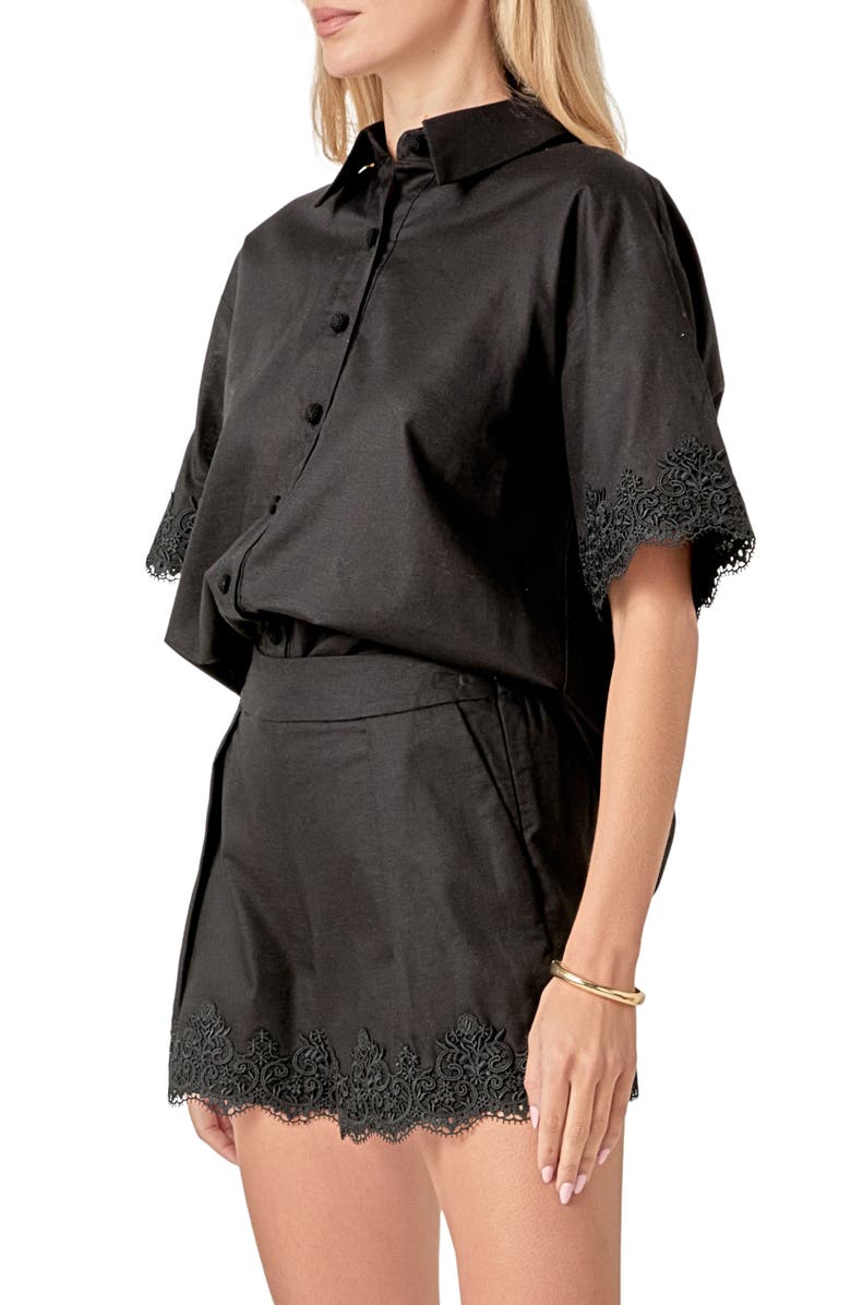 English Factory Embroidered Lace Linen Blend Shirt, Alternate, color, Black