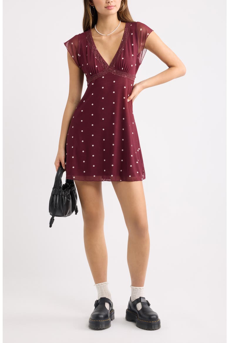 Lace Trim Flutter Sleeve Minidress, Alternate, color, BURGUNDY- IVORY EDEN DOT