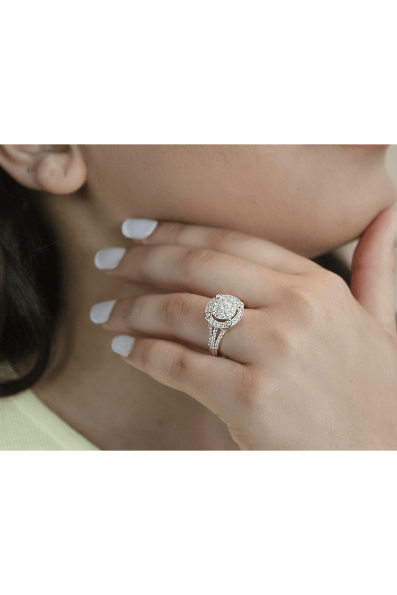 Nebula 14K Gold Round Diamond Studded Halo Cluster Ring - 1cts, Alternate, color, 14K White Gold