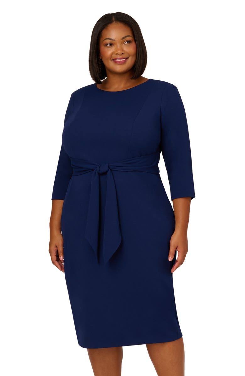 Adrianna Papell Tie Waist Crepe Dress, Alternate, color, Navy Sateen