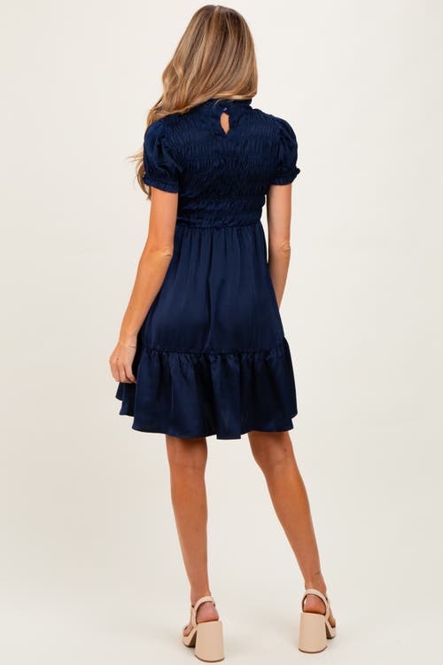 Pinkblush Satin Smocked Mock Neck Dress In Blue