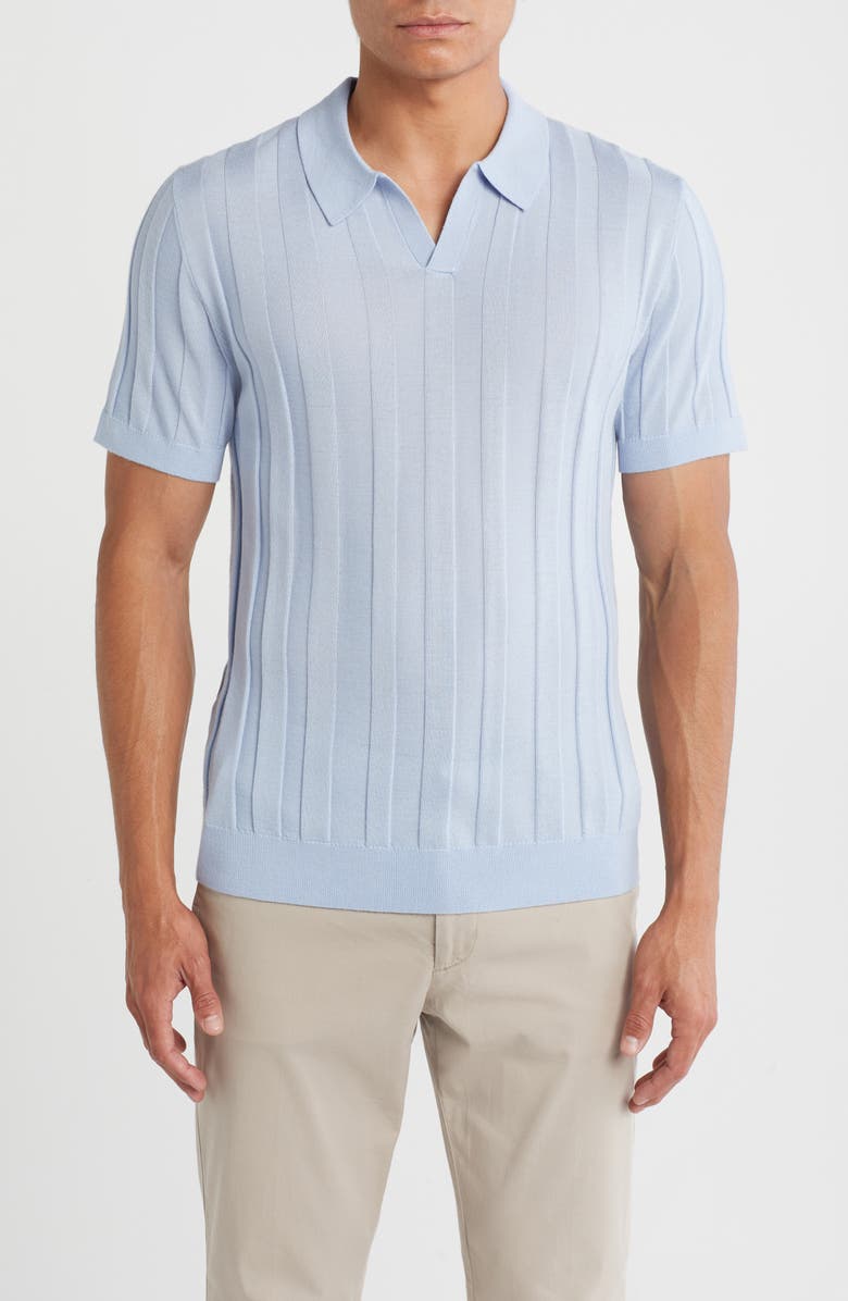 Nordstrom Rib Short Sleeve Merino Wool & Silk Johnny Collar Sweater, Main, color, Blue Skyway