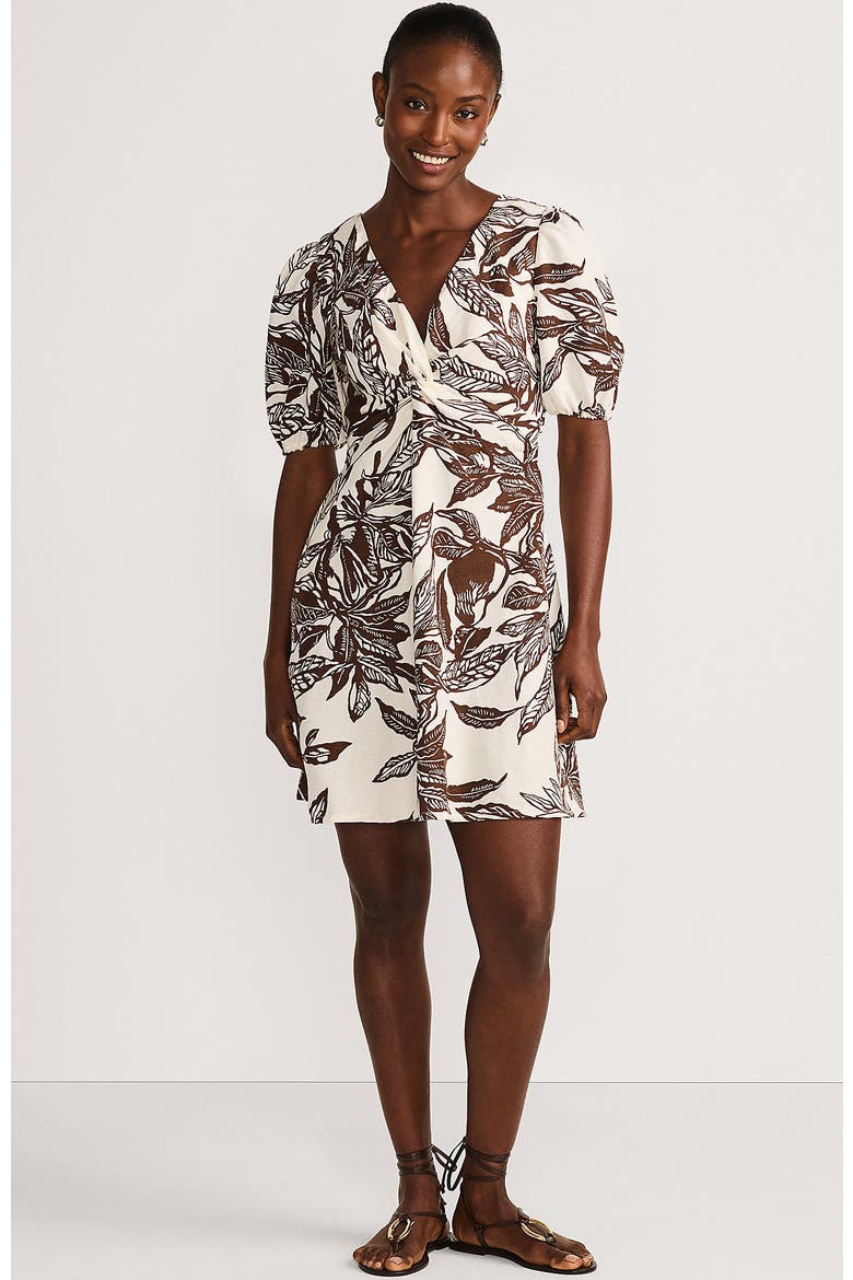 Linen Above the Knee Puff Sleeve Dress, Main, color, Vanilla/Bark Etched Leaves