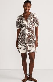 Lands' End Linen Above the Knee Puff Sleeve Dress