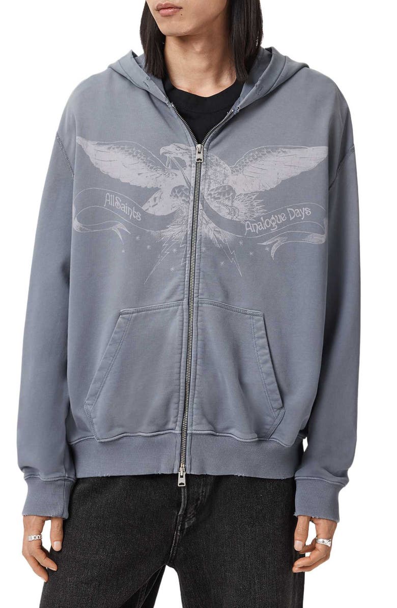 AllSaints Aeterna Graphic Zip Hoodie, Main, color, Slate Wash Blue