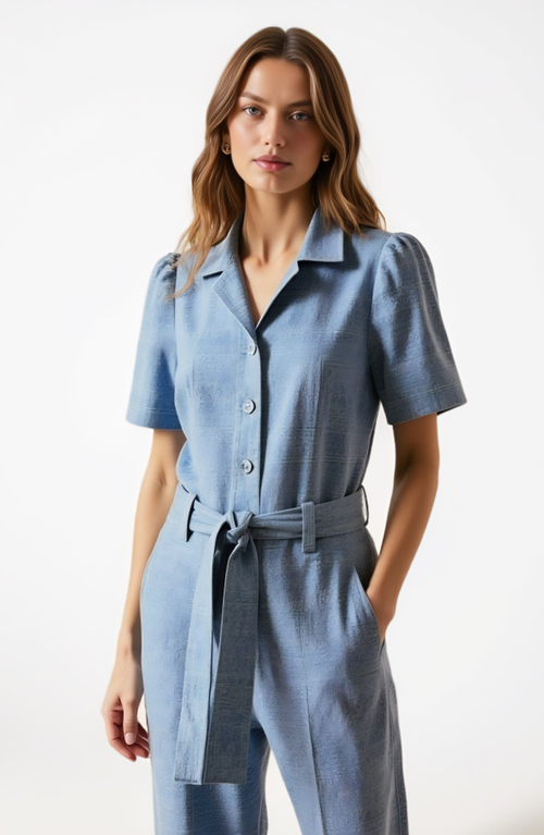Shop Modenaire Paisley Print Belted Jumpsuit With Short Sleeves And Button Front
