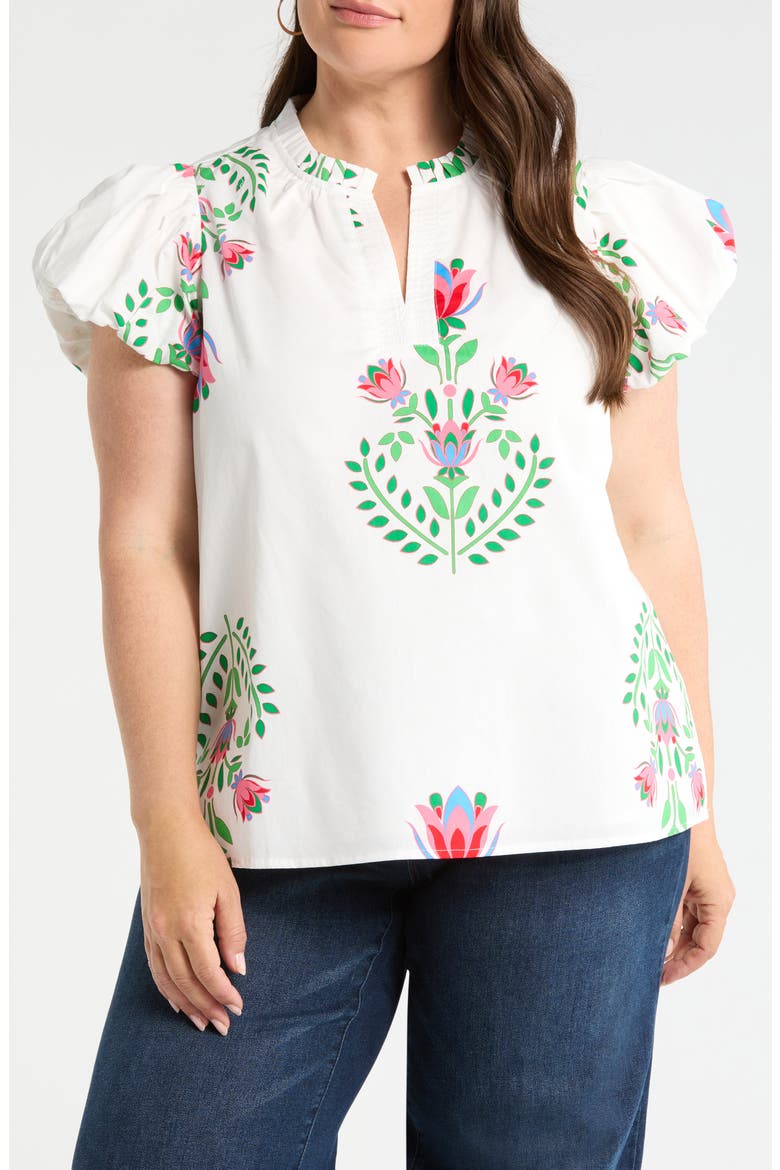 Keni Split Neck Floral Print Cotton Top, Main, color, WHITE-GREEN-MULTI