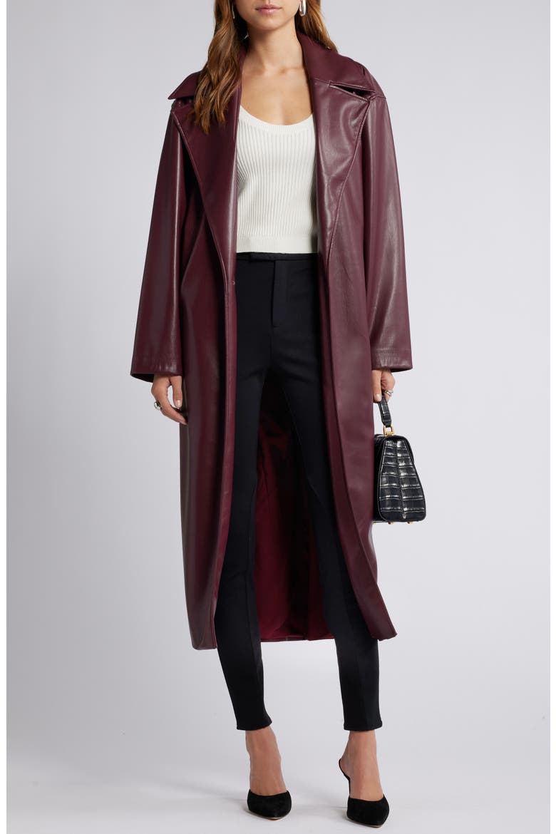 Faux Leather Trench Coat, Alternate, color, BURGUNDY FIELD
