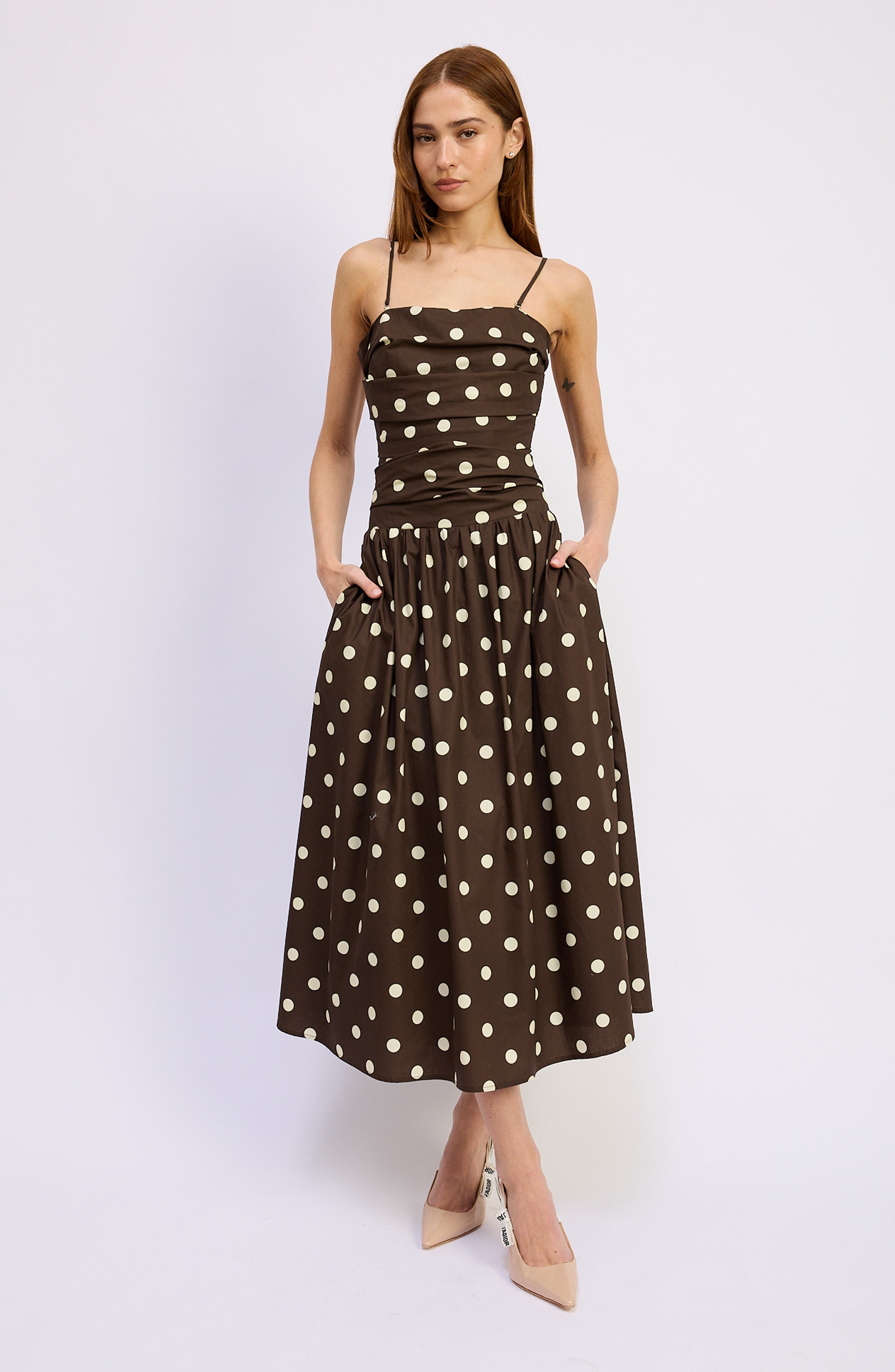 lainey midi dress white Baltic Born Womens Lainey Smocked Dotted Midi Dress | Beige