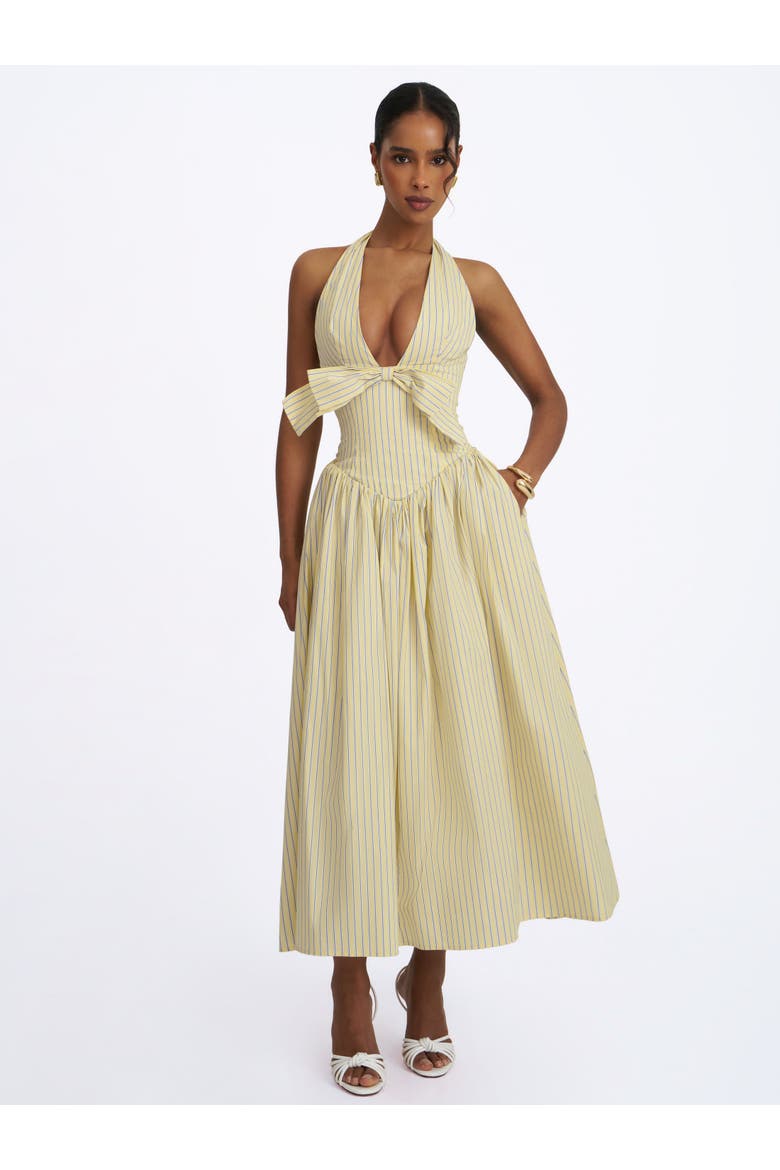 Talise Cotton Poplin Stripe Plunging Halter Maxi Dress, Alternate, color, Yellow