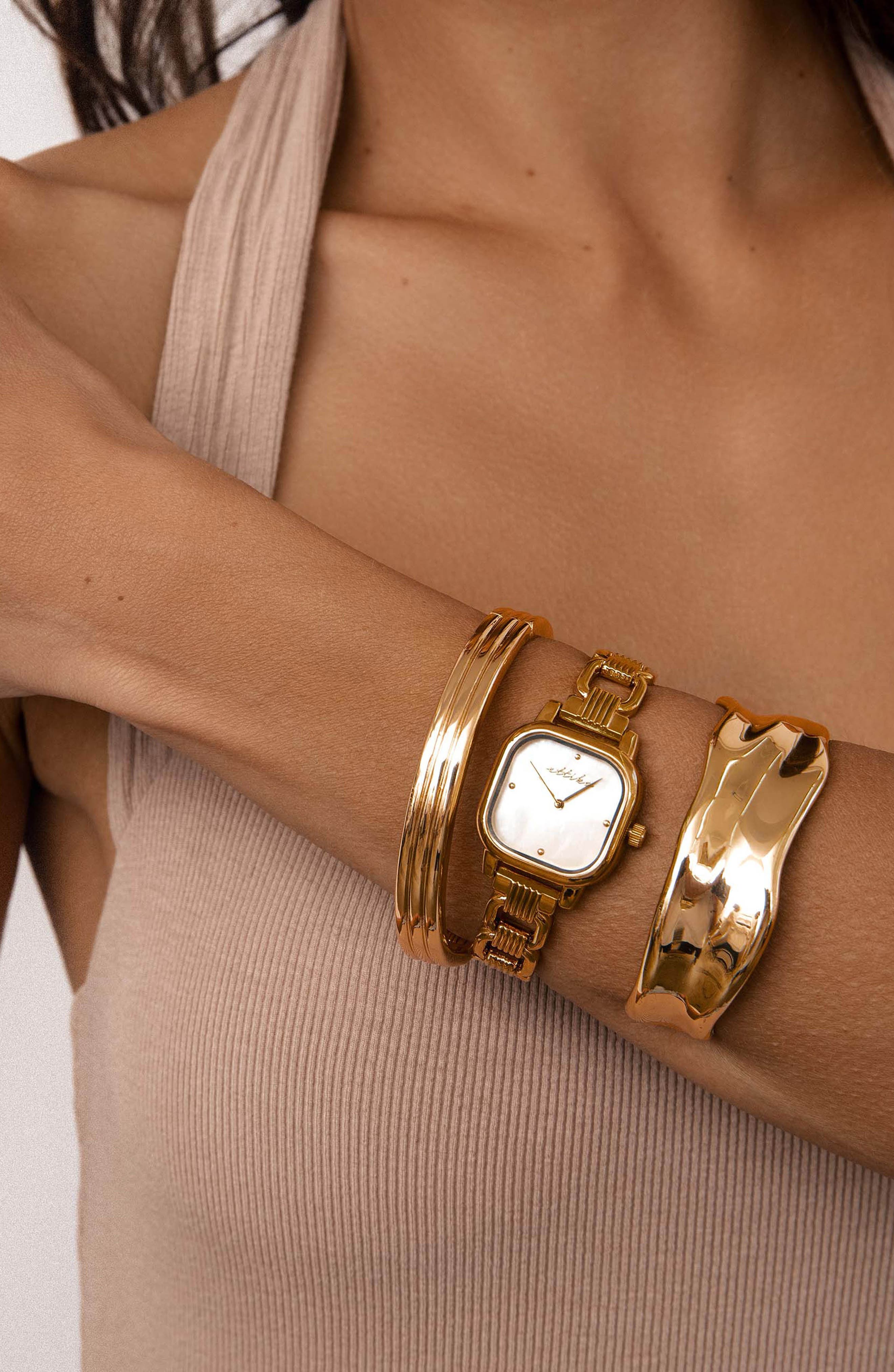 Ettika Square Link Womens 24K Gold Plated Quartz Bracelet Watch New Battery Ettika Classic Square Leather Strap Watch (Women) | Nordstrom main image 3