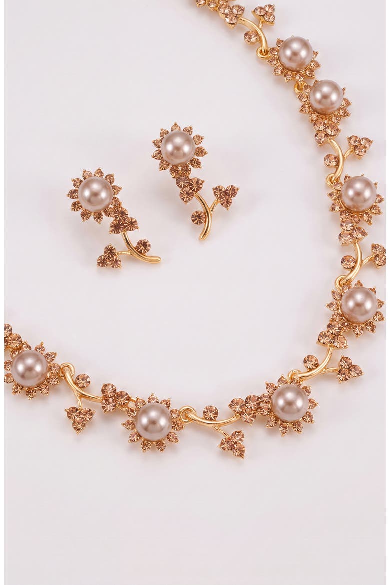 Pearl and Crystal Floral Necklace and Earrings Set, Alternate, color, Gold