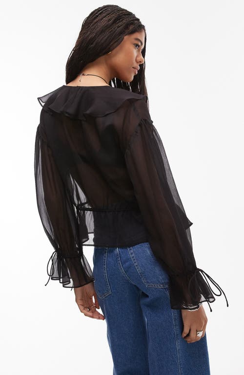 Topshop Ruffle Tie Front Sheer Top In Black