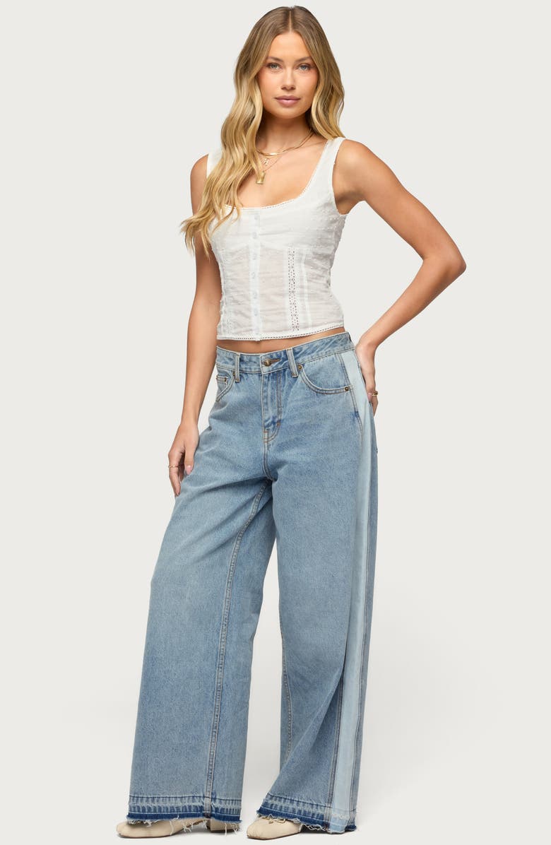 EDIKTED Lace Inset Crop Cotton Button-Up Shirt, Alternate, color, 