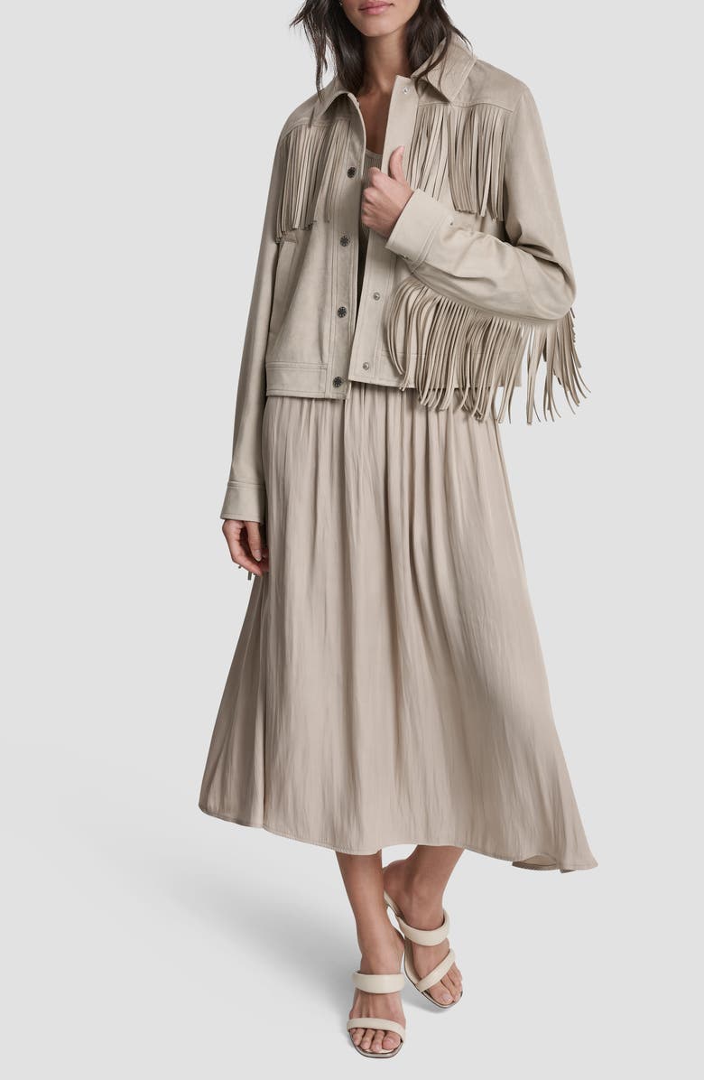 DKNY Fringe Trim Faux Suede Jacket, Alternate, color, Pebble