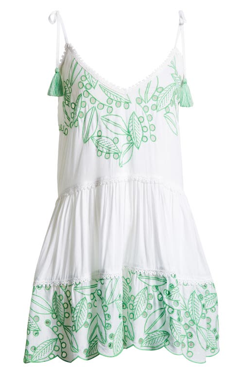 Ramy Brook Makenzy Eyelet Tassel Strap Cover-up Minidress In White/palm Green