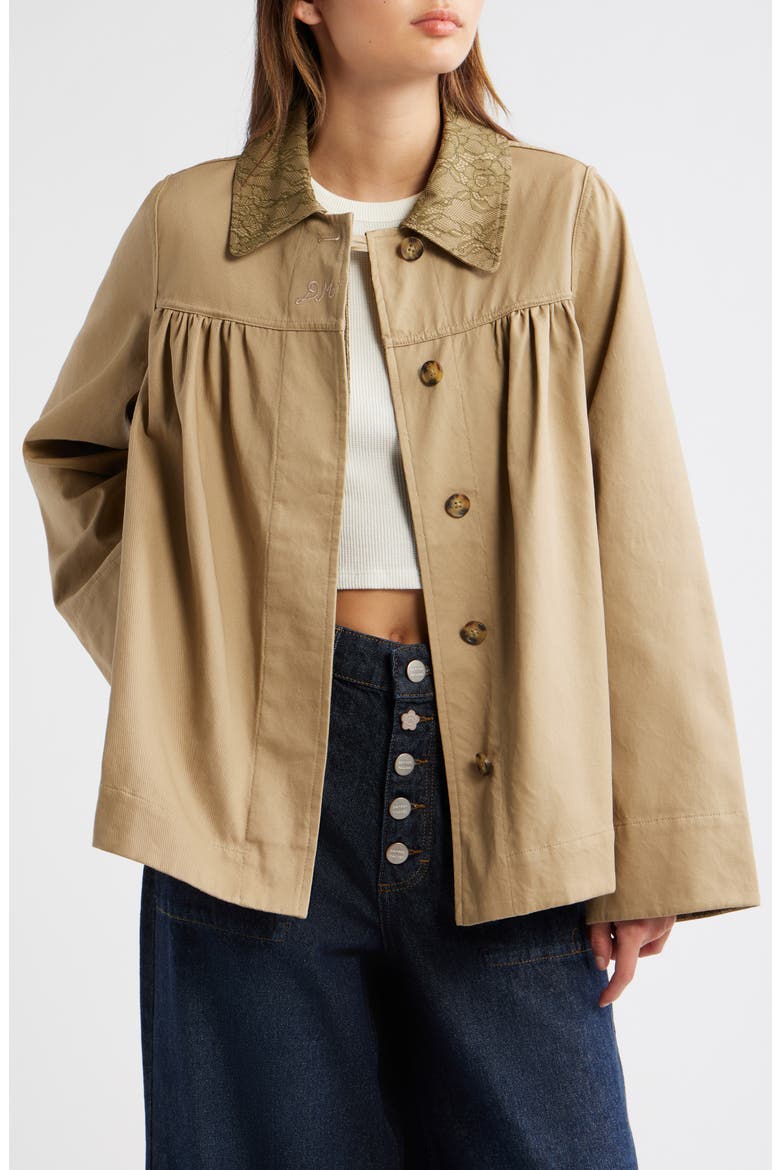 Mercedes Lace Collar Organic Cotton Mini Coat, Alternate, color, STONE