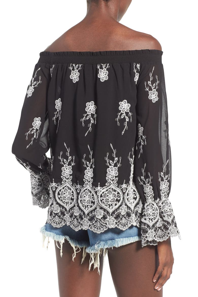 Embroidered Off the Shoulder Top, Alternate, color, BLACK/ IVORY