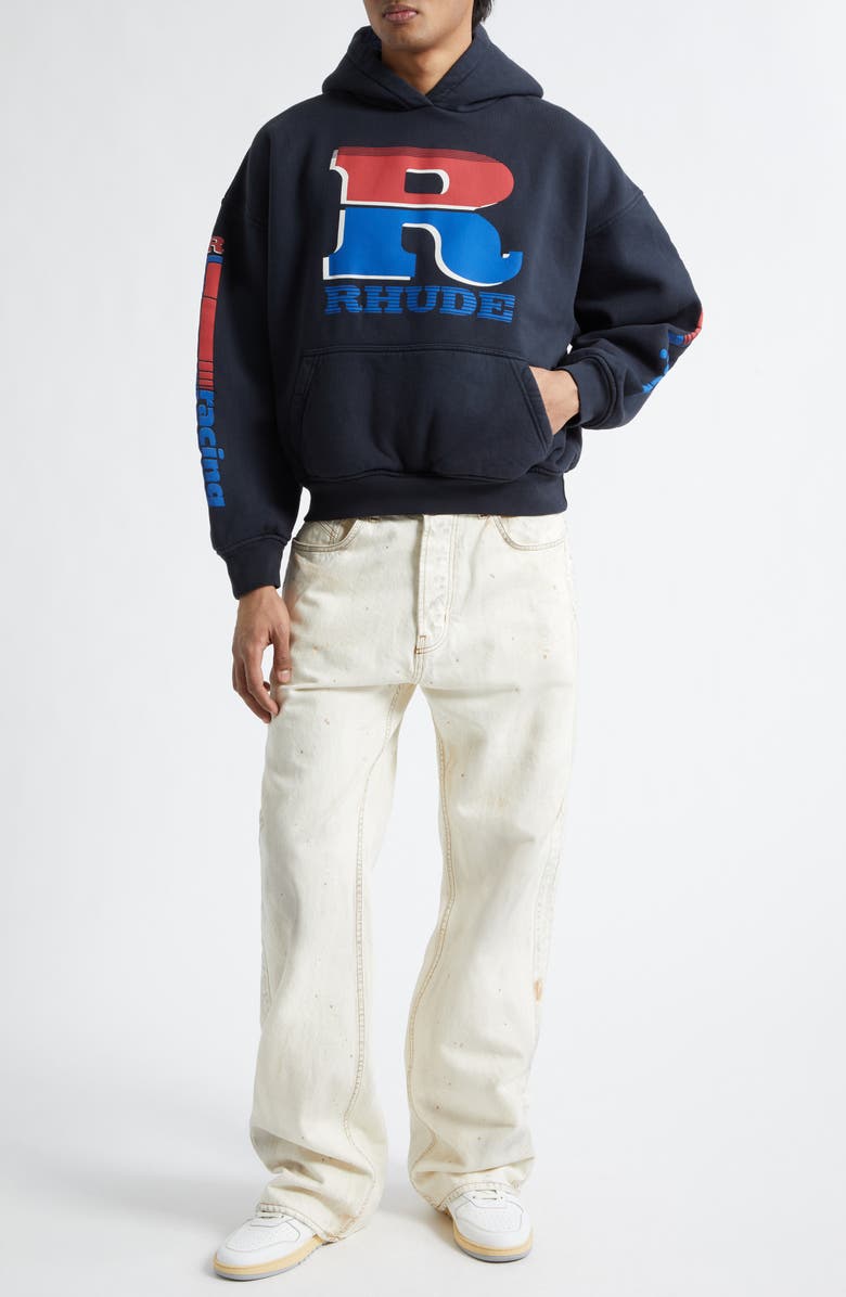 Rhude Split Petrol Logo Graphic Hoodie, Alternate, color, Vintage Black/ Red/ Blue