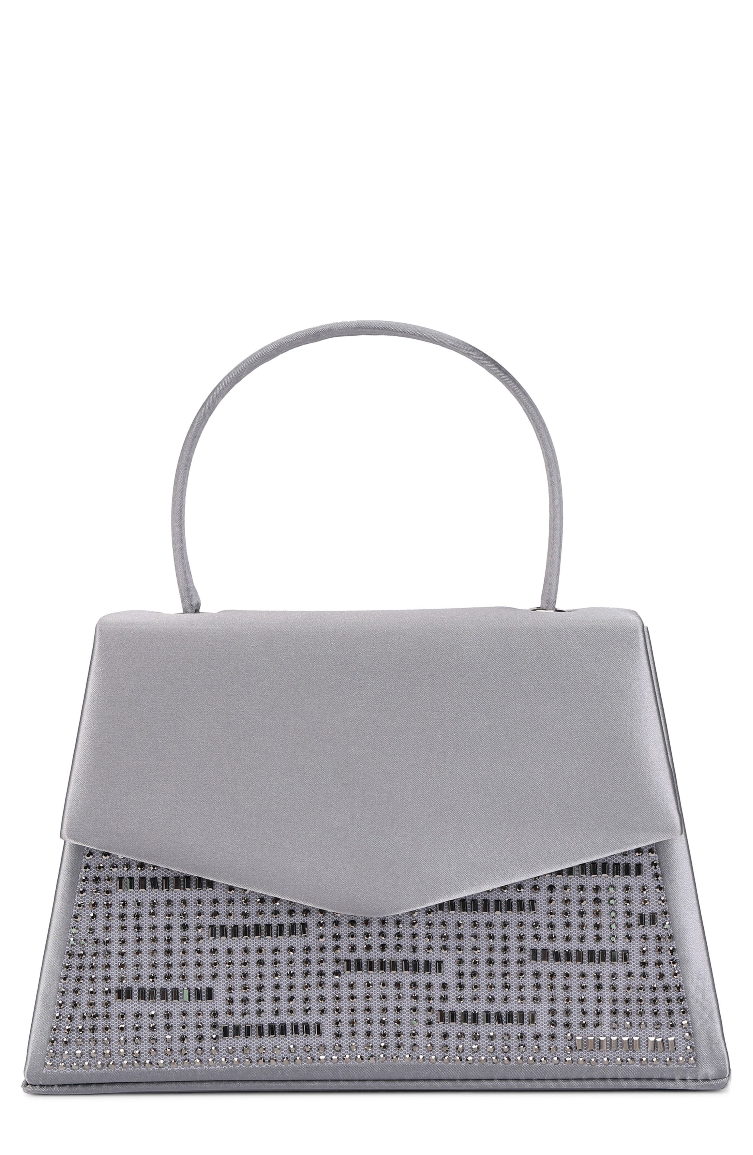 Linda Crystal Satin Clutch, Main, color, PEWTER