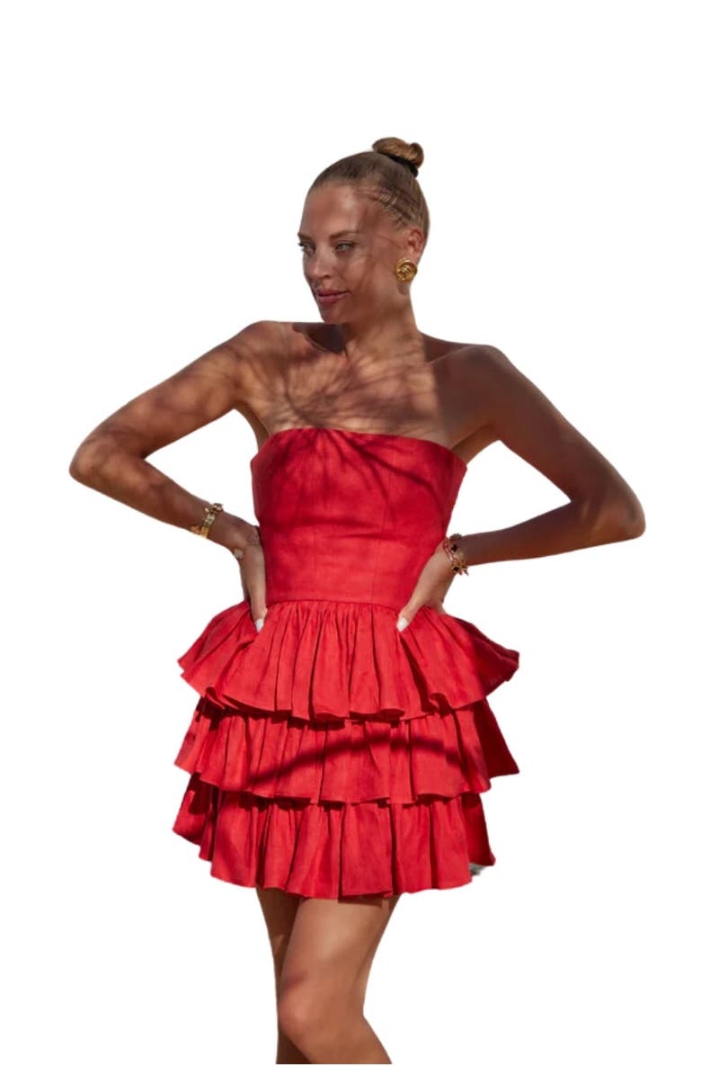 Labeca London Mila Linen Strapless Mini Dress, Main, color, Red