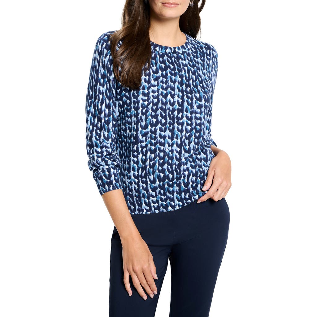 Nic + Zoe Nic+zoe Geo Print Crewneck Cotton Sweater In Blue