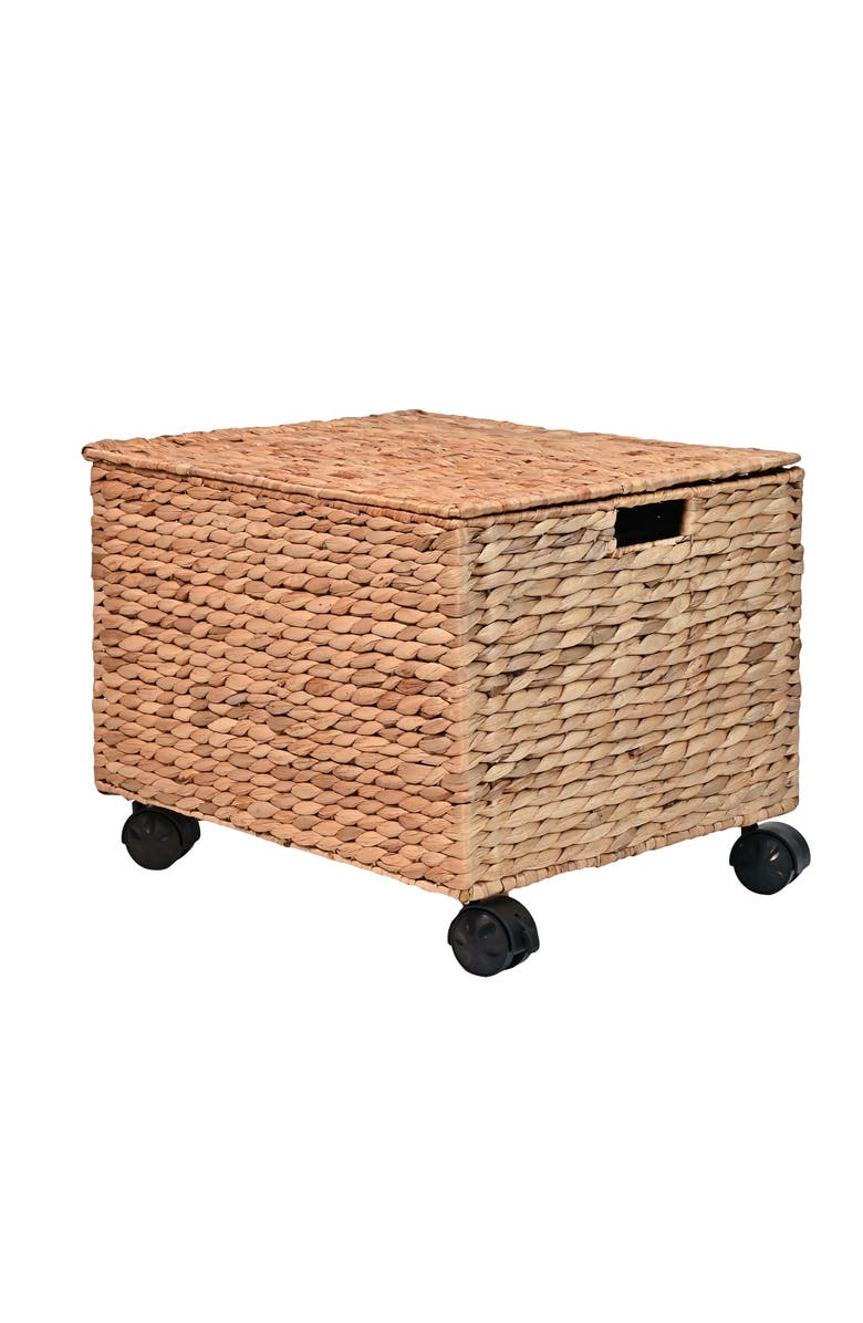 HAPPIMESS Ashton Classic Farmhouse Hand-Woven Hyacinth Rolling Filing Basket with Lid and 360 Degree Lockable Wheels, Alternate, color, 