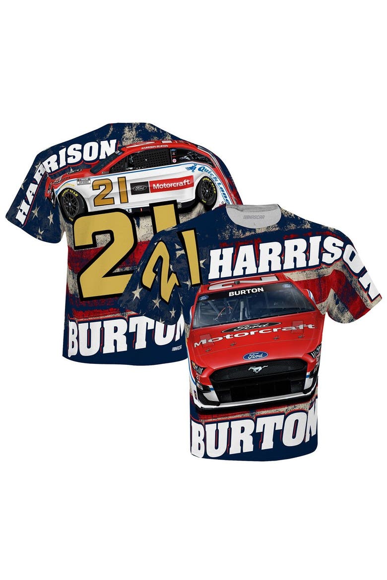 Men's Checkered Flag White Harrison Burton Motorcraft Sublimated Patriotic Total Print T-Shirt, Main, color, White