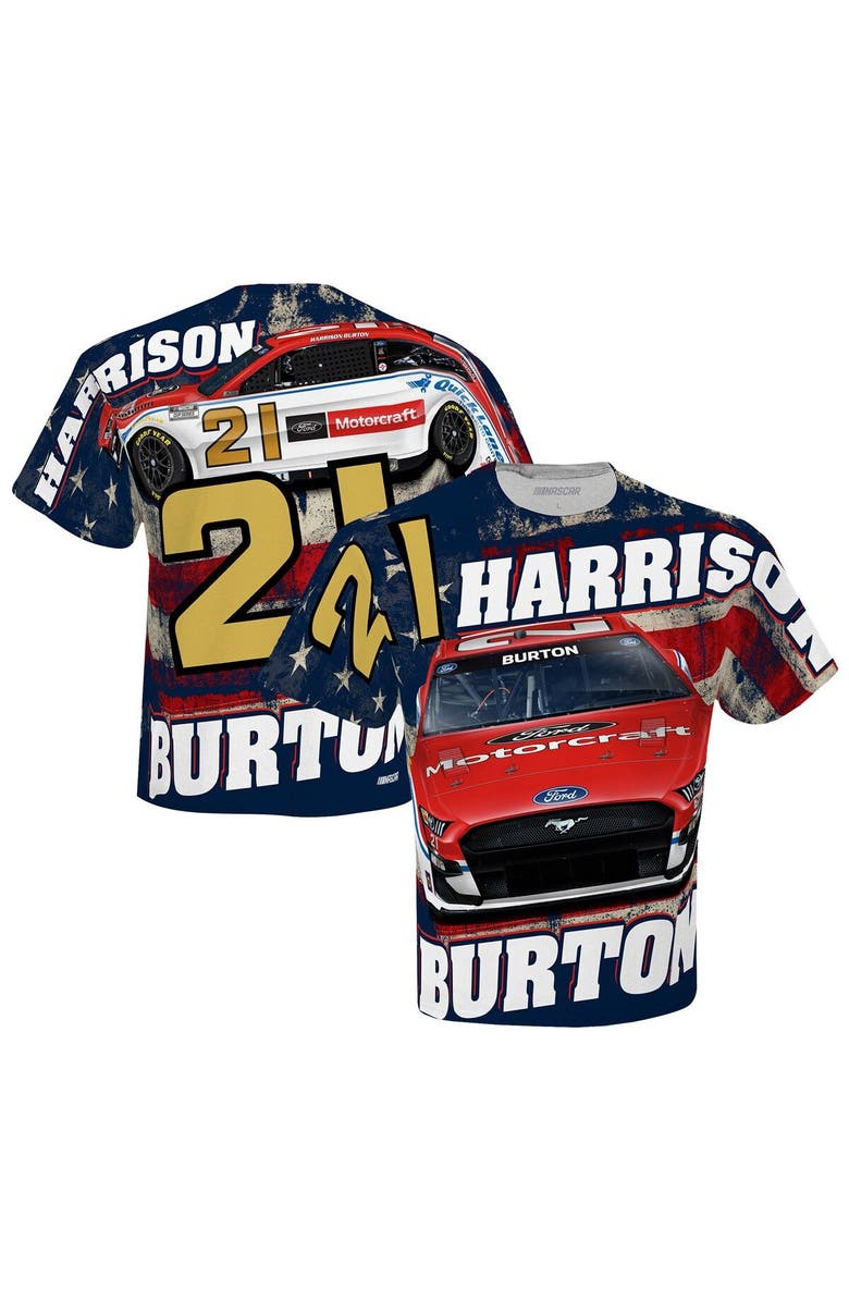 CHECKERED FLAG Men's Checkered Flag White Harrison Burton Motorcraft Sublimated Patriotic Total Print T-Shirt, Main, color, 