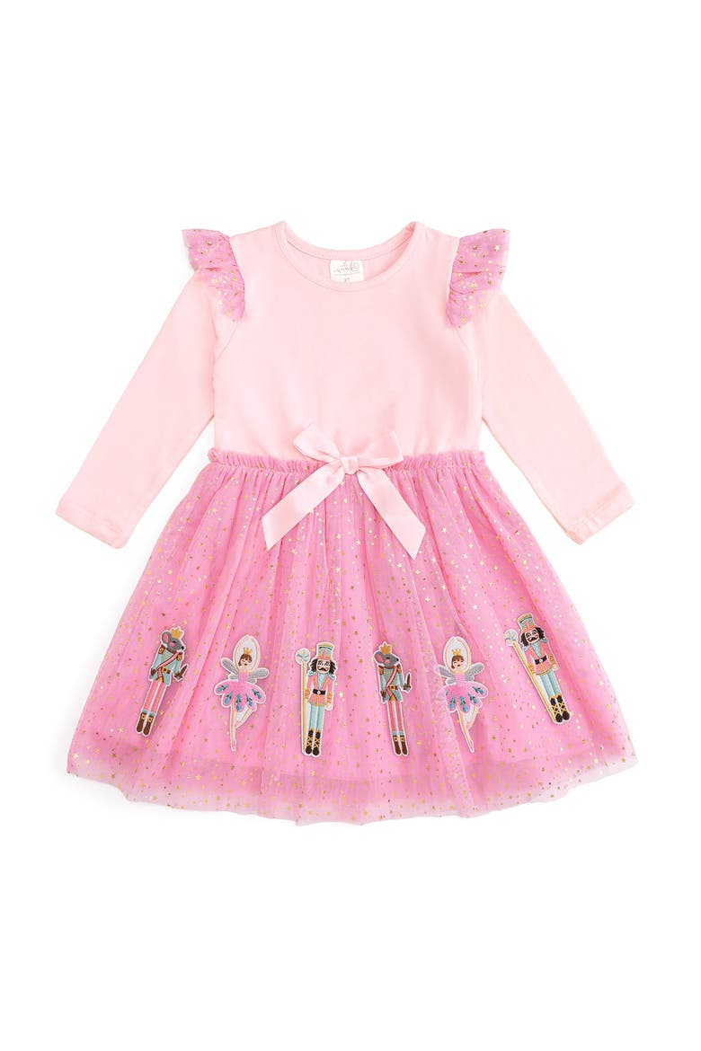 Nutcracker Applique Christmas Long Sleeve Dress, Main, color, Pink