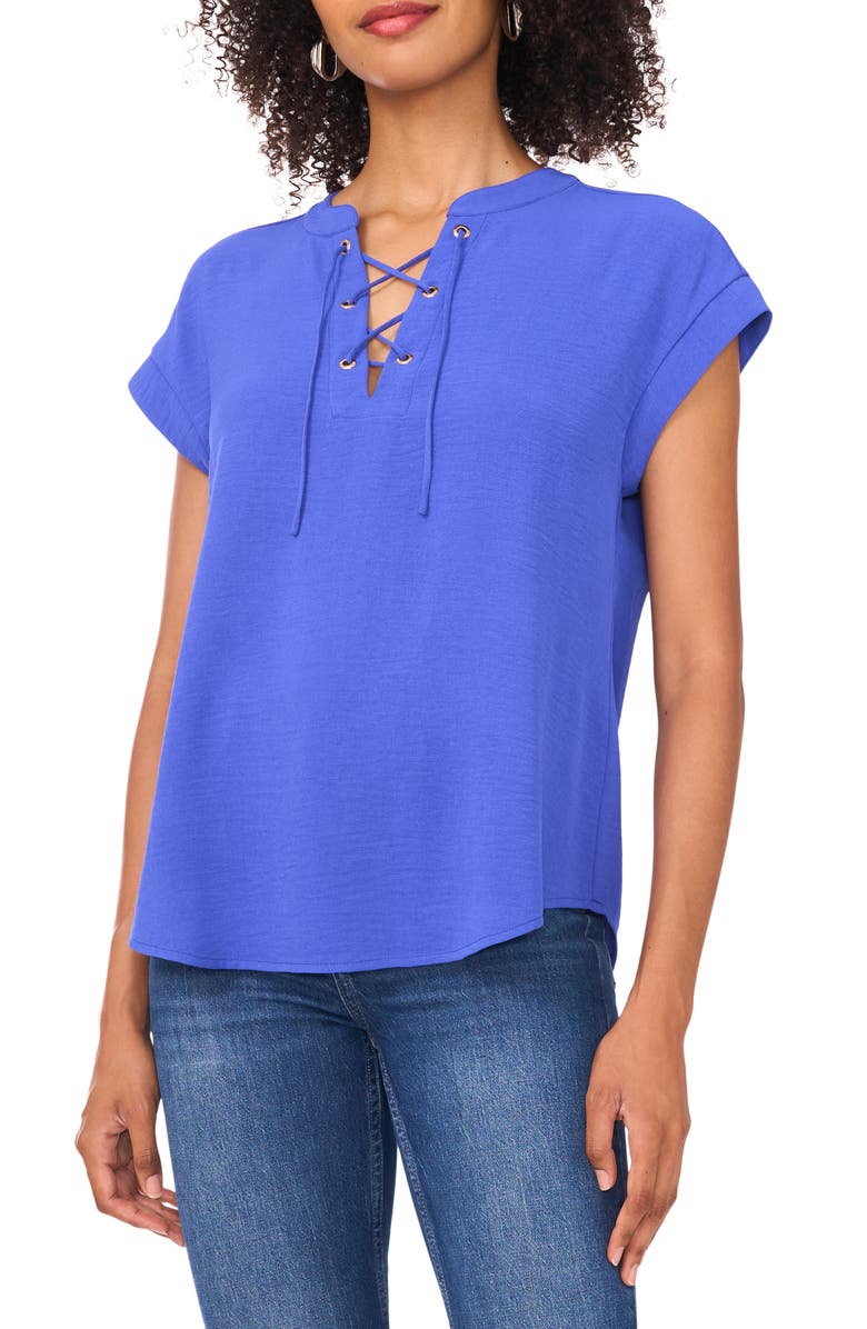 Vince Camuto Crinkle Lace-Up Top, Main, color, Dazzling Blue