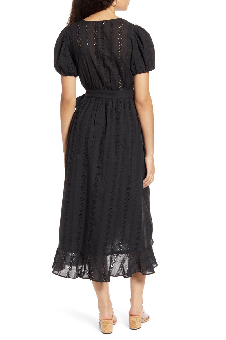 Puff Sleeve Eyelet Wrap Dress, Alternate, color, BLACK