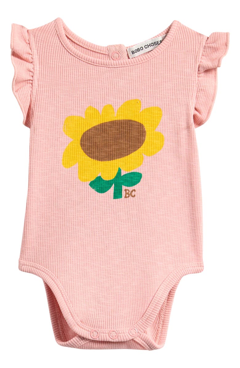 Bobo Choses Sunflower Stretch Cotton Rib Bodysuit, Main, color, Light Pink