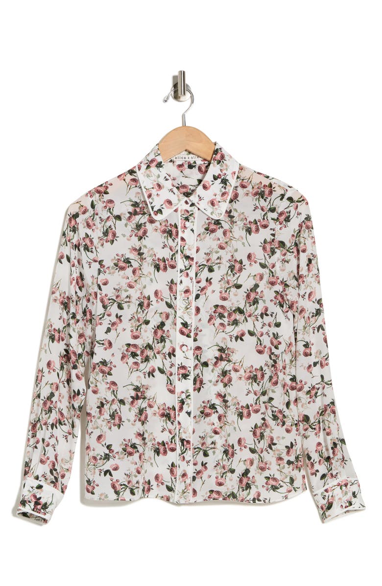 Alice + Olivia Willa Floral Placket Button-Up Shirt, Alternate, color, Fleur Frills Off White
