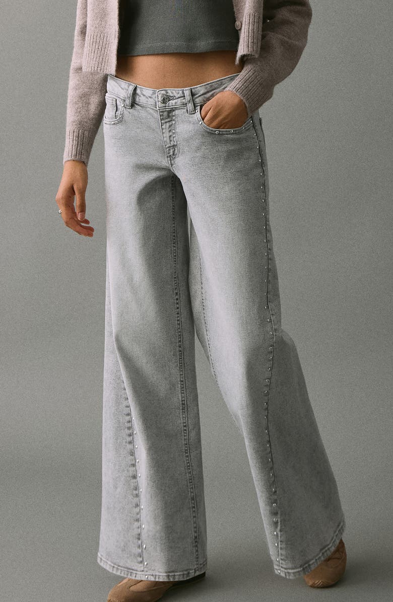 MANGO TEEN Stud Wide Leg Jeans, Main, color, Light Denim Grey