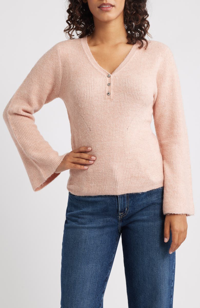 Wit & Wisdom Bell Sleeve Henley Sweater, Main, color, Rose Quartz