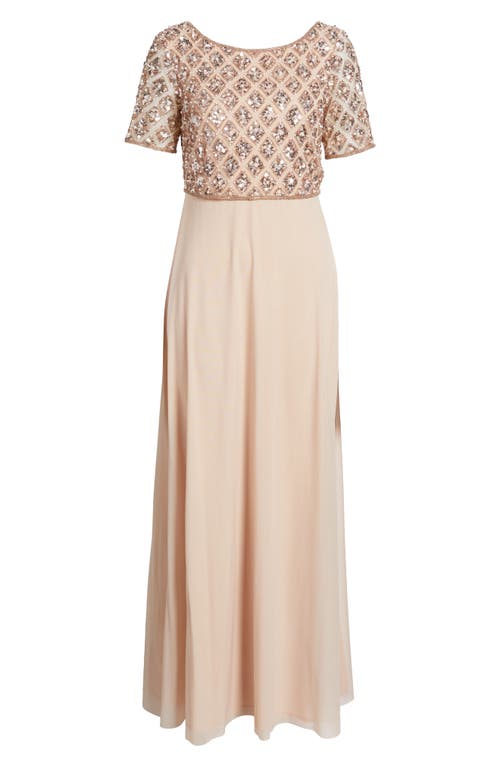 Pisarro Nights Beaded Mesh Mock Two-piece Evening Dress In New Peach