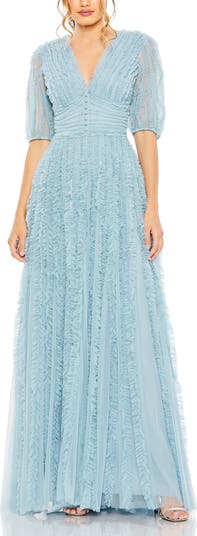 MAC DUGGAL 大特価 ラッフル シフォン長袖 Vネック ロングドレス vanityME.couture. バニティミークチュール シフォンドレス 長袖